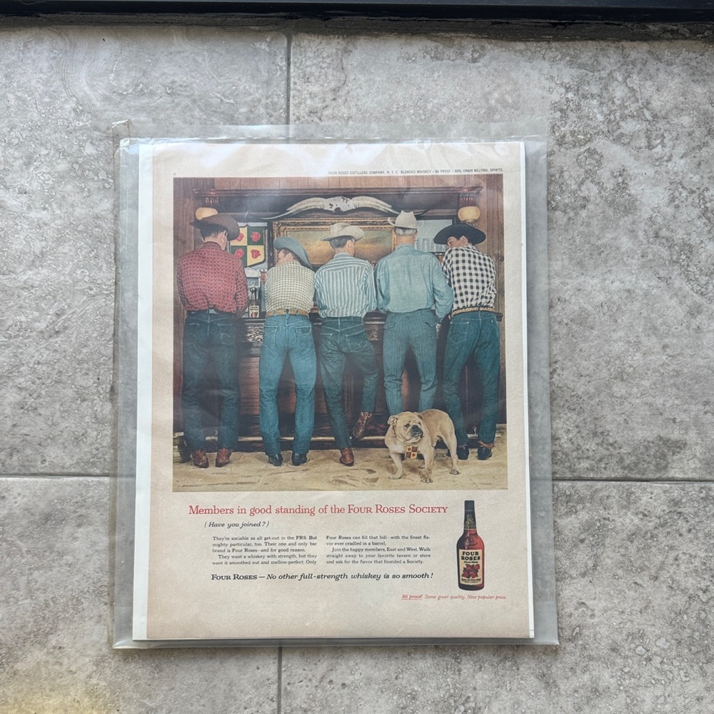 Vintage Bulldog and his cowboys by Four Roses Society whiskey.